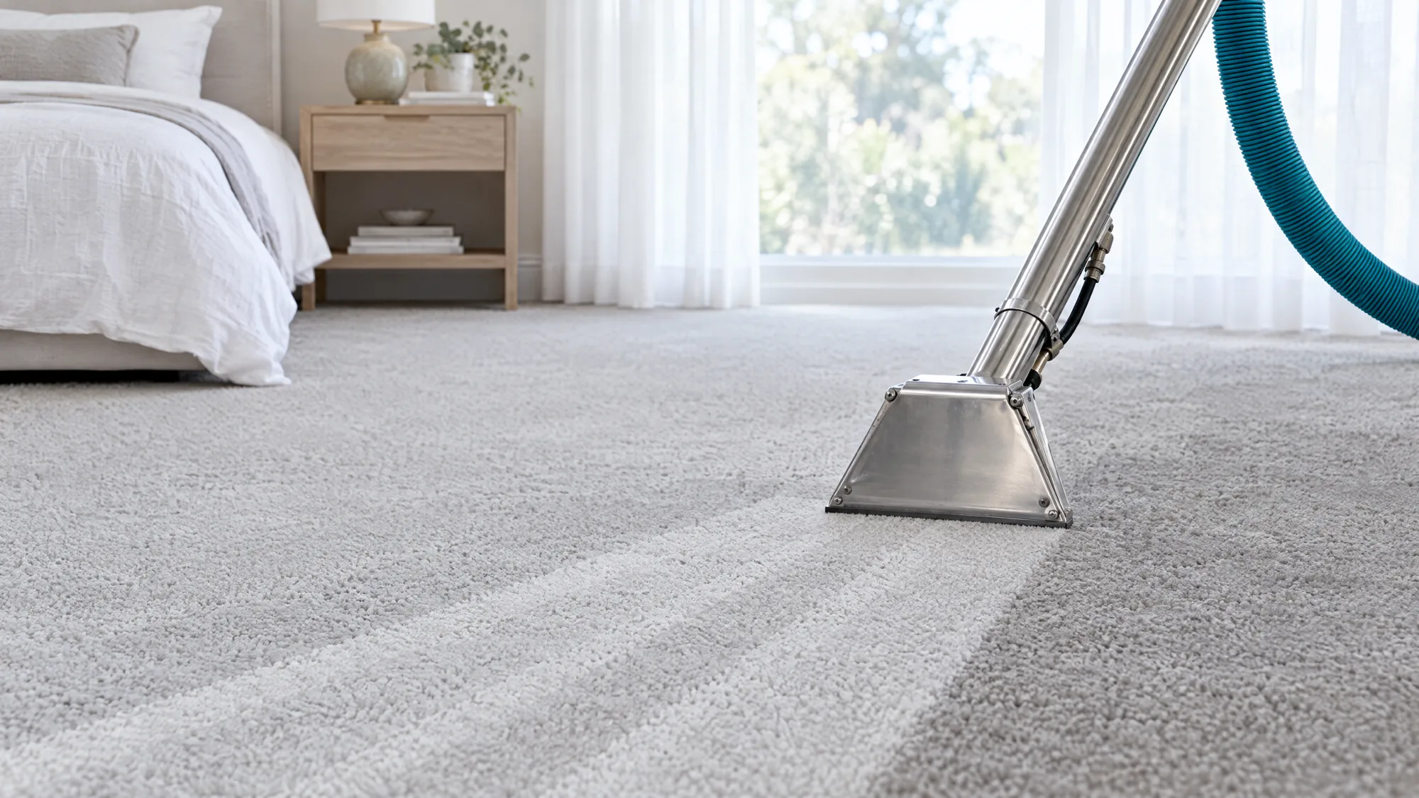 An extraction head leaving a clean lane on bedroom carpet