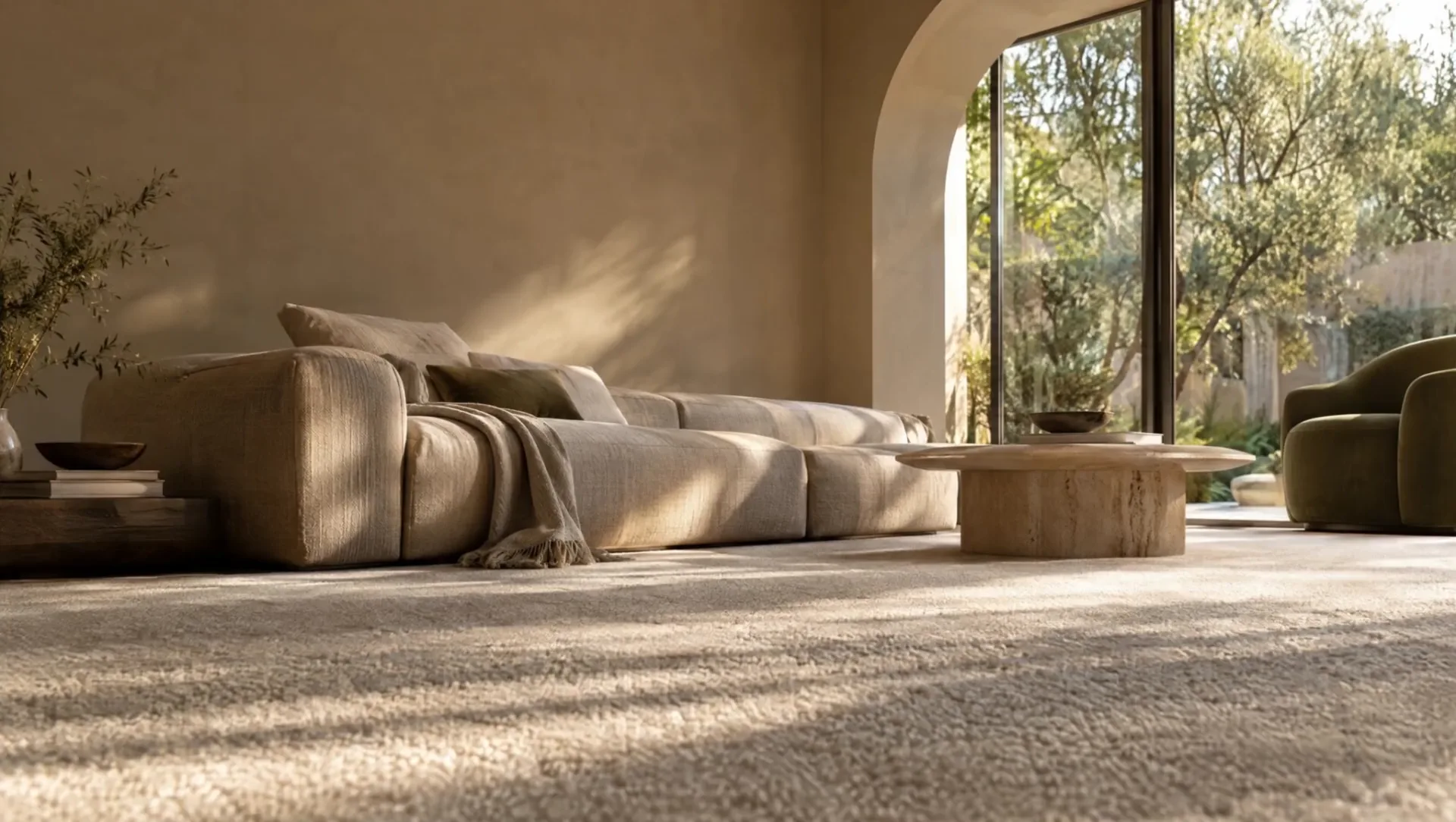A light-filled architectural living room with sculptural furniture, warm stone and soft carpet