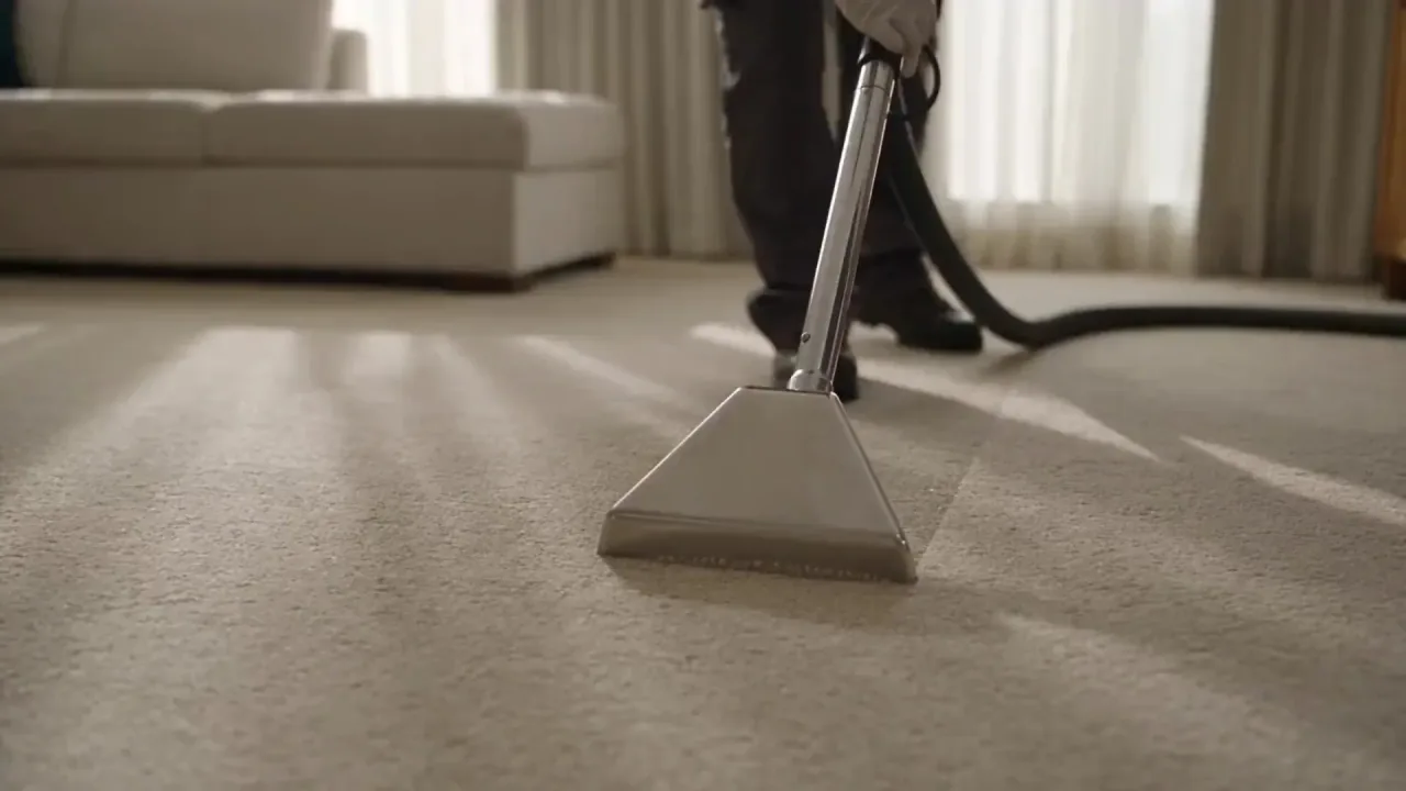 A carpet extraction wand held flush against warm beige carpet