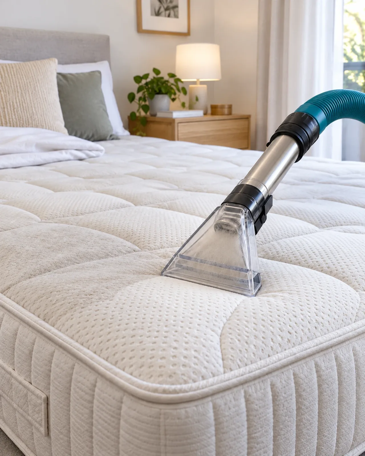 A calm bedroom with a neatly dressed bed