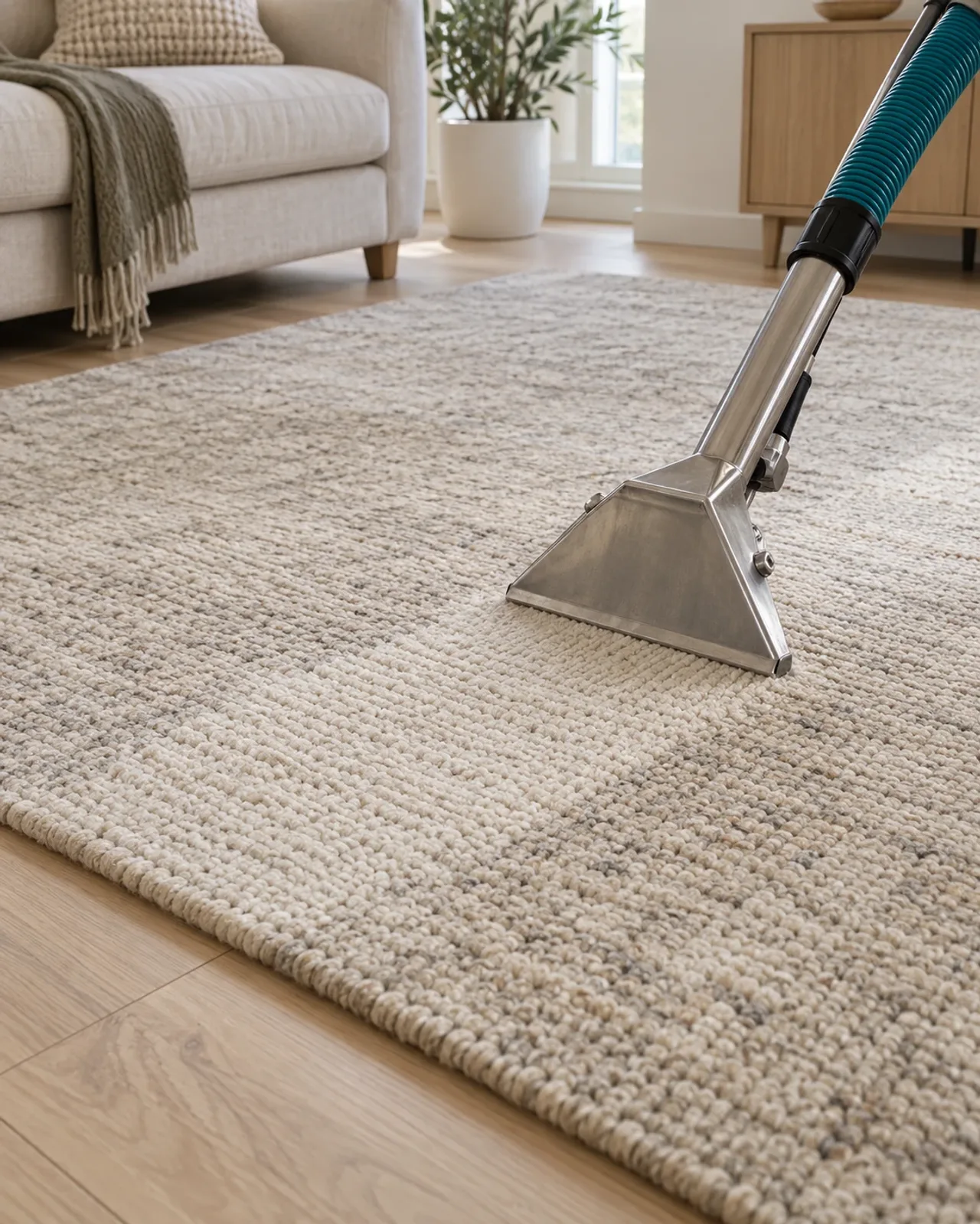 A textured rug anchoring a carefully composed room